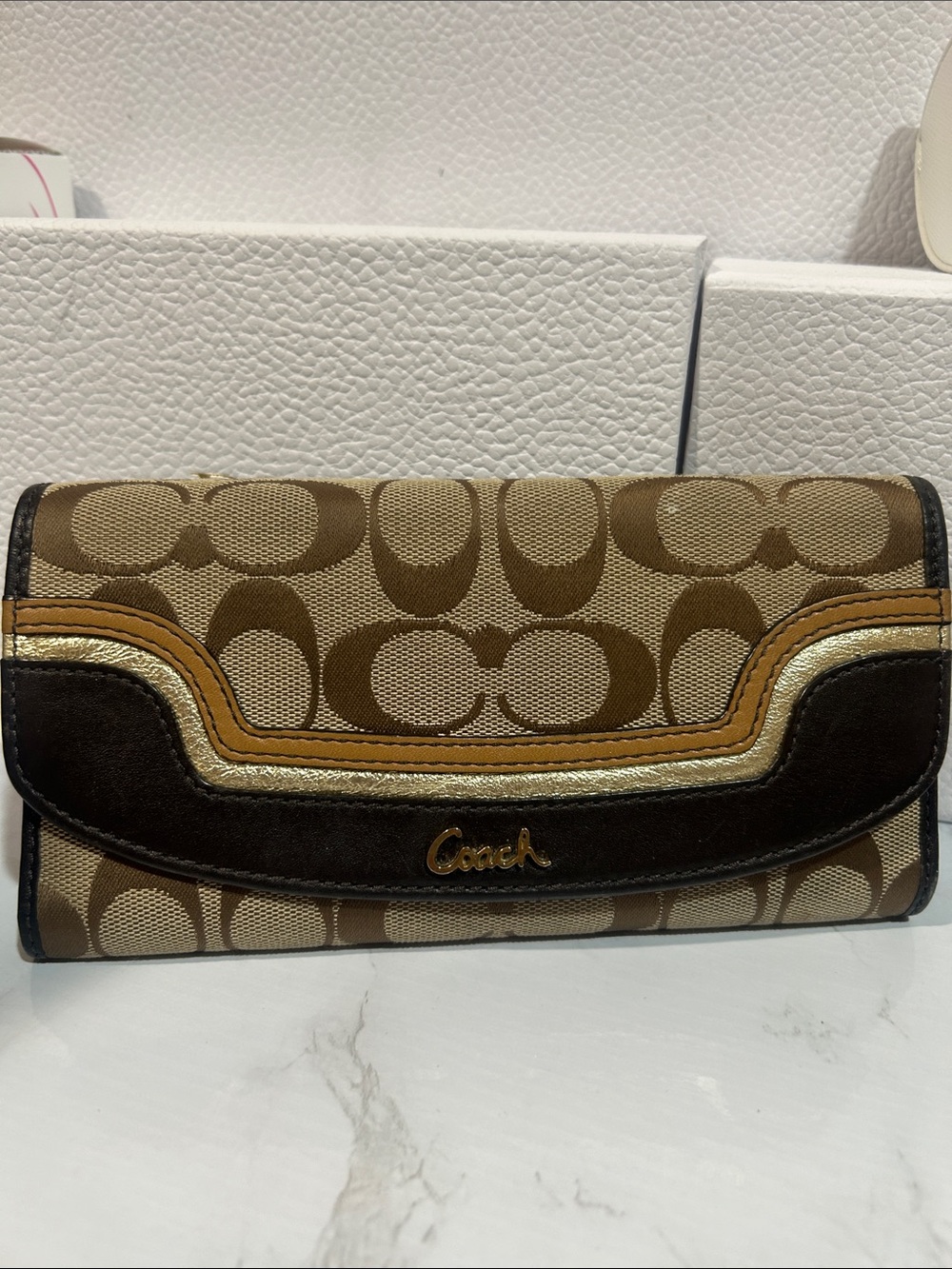 Coach Signature Canvas Trifold Wallet in Brown and Tan - Picture 6 of 8